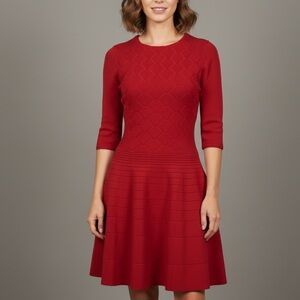TED BAKER London Red Quilted Scallop Fit & Flare Knit Dress Size 4